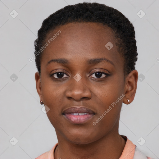 Neutral black young-adult female with short  brown hair and brown eyes