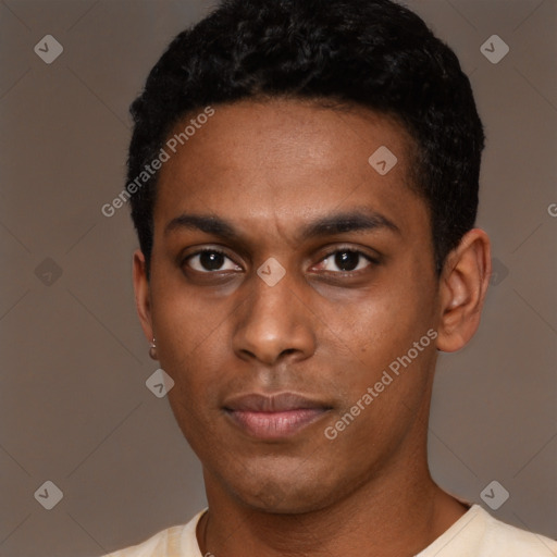 Neutral latino young-adult male with short  black hair and brown eyes