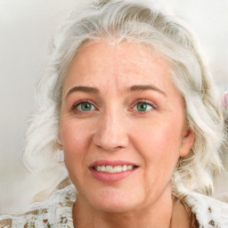 Joyful white adult female with medium  brown hair and blue eyes