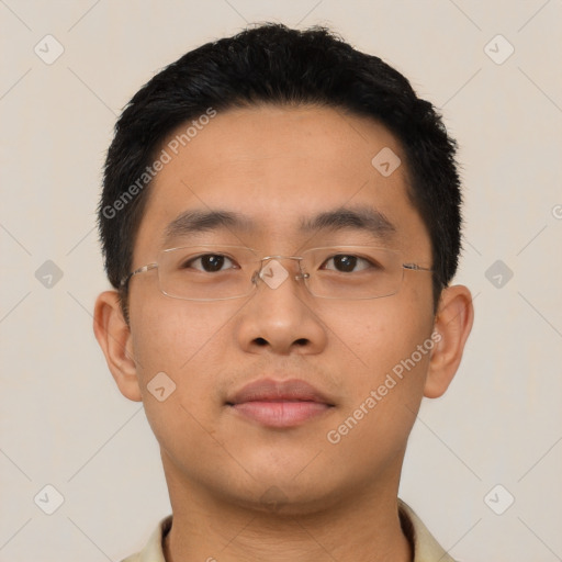 Neutral asian young-adult male with short  black hair and brown eyes