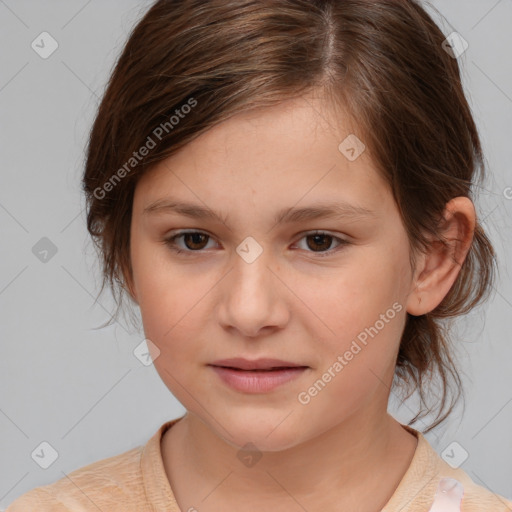 Joyful white child female with medium  brown hair and brown eyes