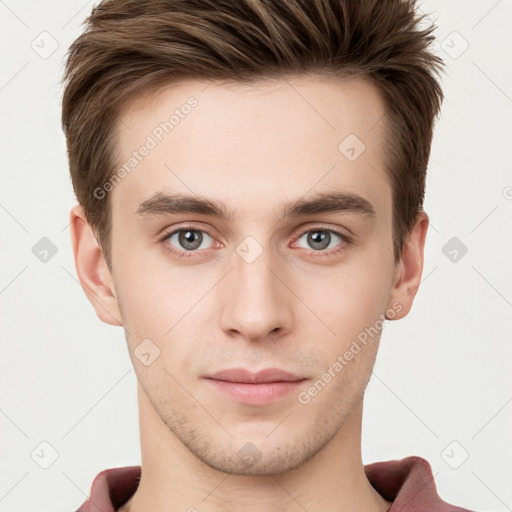 Neutral white young-adult male with short  brown hair and grey eyes