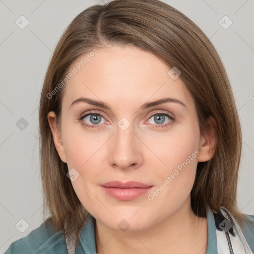 Neutral white young-adult female with medium  brown hair and grey eyes