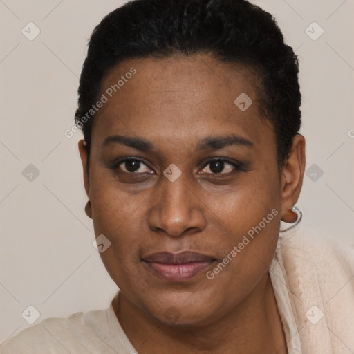 Joyful black young-adult female with short  brown hair and brown eyes