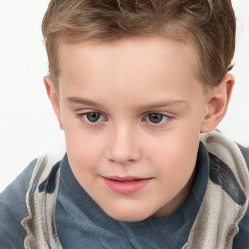 Joyful white child female with short  brown hair and grey eyes