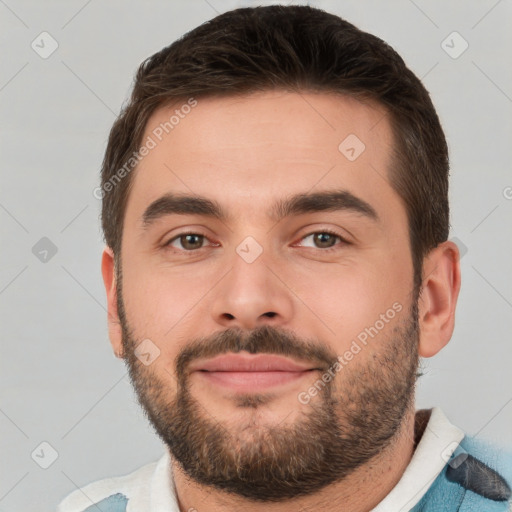 Neutral white young-adult male with short  brown hair and brown eyes