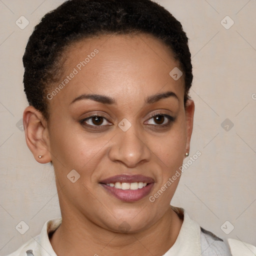 Joyful latino young-adult female with short  brown hair and brown eyes