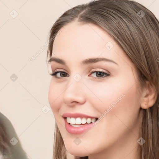 Joyful white young-adult female with long  brown hair and grey eyes