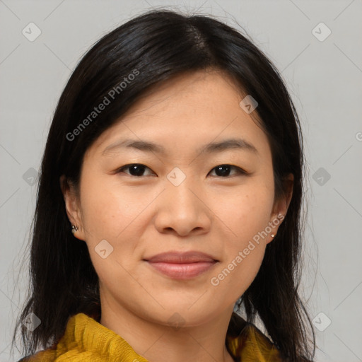 Joyful asian young-adult female with medium  brown hair and brown eyes