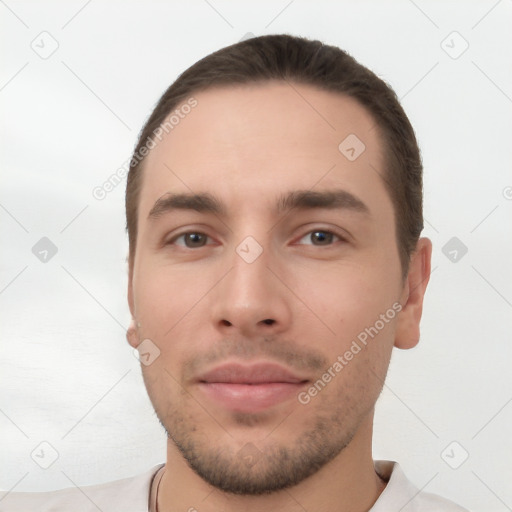 Neutral white young-adult male with short  brown hair and brown eyes