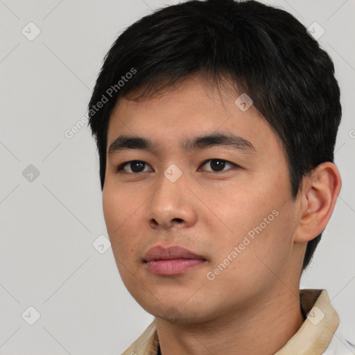 Neutral asian young-adult male with short  black hair and brown eyes
