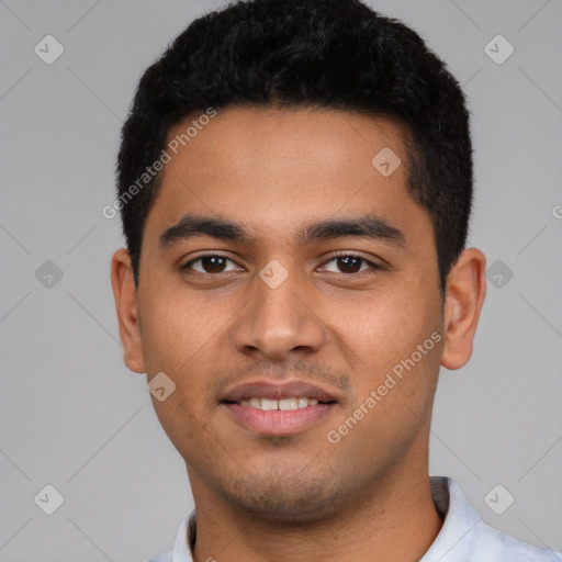 Neutral latino young-adult male with short  black hair and brown eyes