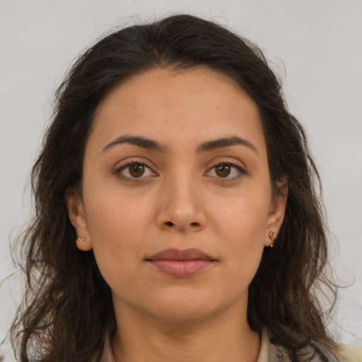 Neutral asian young-adult female with long  brown hair and brown eyes