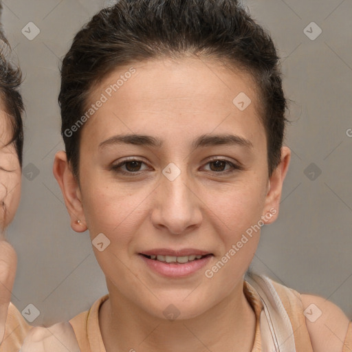 Joyful white young-adult female with short  brown hair and brown eyes