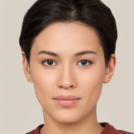 Neutral white young-adult female with short  brown hair and brown eyes