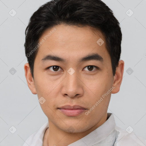 Neutral asian young-adult male with short  brown hair and brown eyes