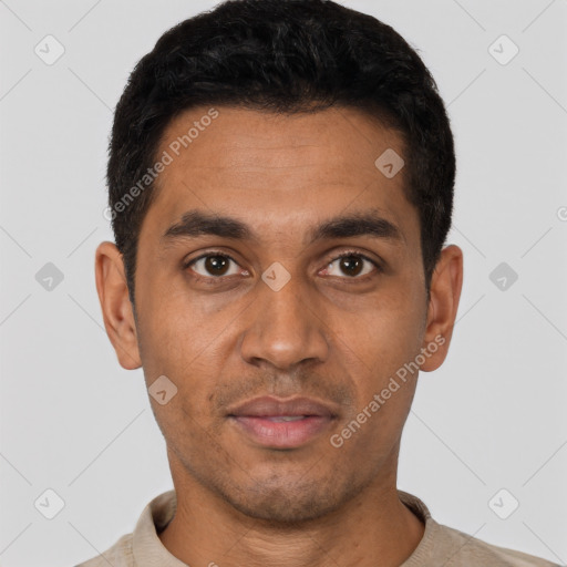 Neutral latino young-adult male with short  black hair and brown eyes