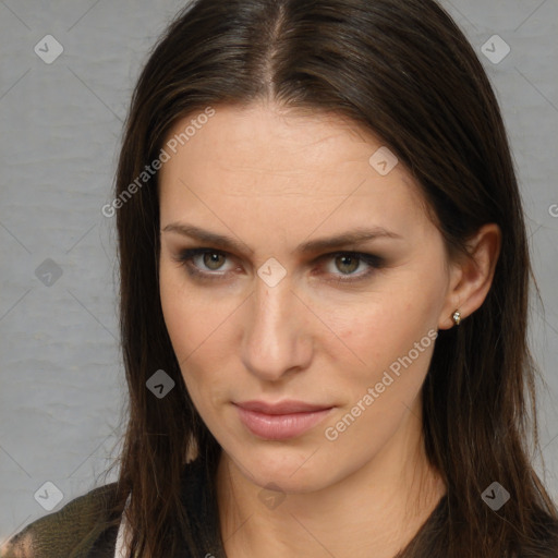 Neutral white young-adult female with long  brown hair and brown eyes