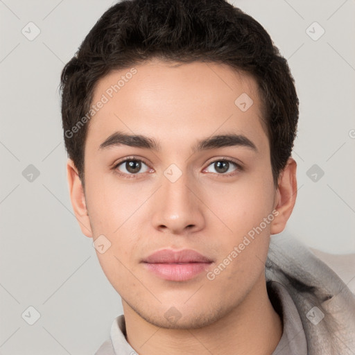 Neutral white young-adult male with short  brown hair and brown eyes