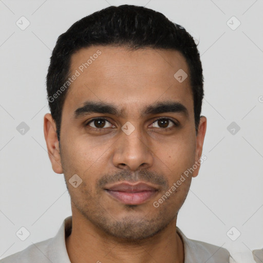 Neutral latino young-adult male with short  black hair and brown eyes