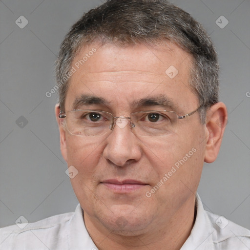 Joyful white middle-aged male with short  brown hair and brown eyes