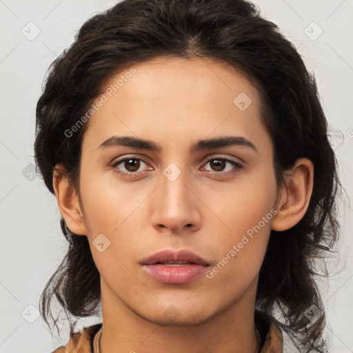 Neutral white young-adult female with medium  brown hair and brown eyes