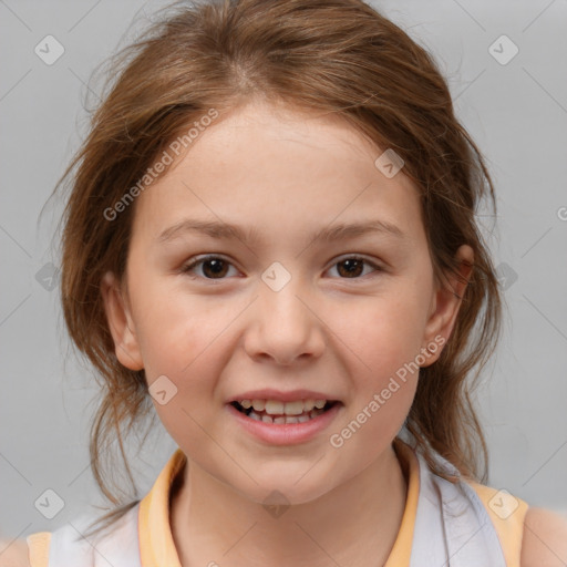 Joyful white child female with medium  brown hair and brown eyes