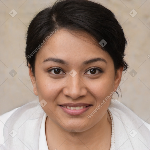 Joyful white young-adult female with medium  brown hair and brown eyes