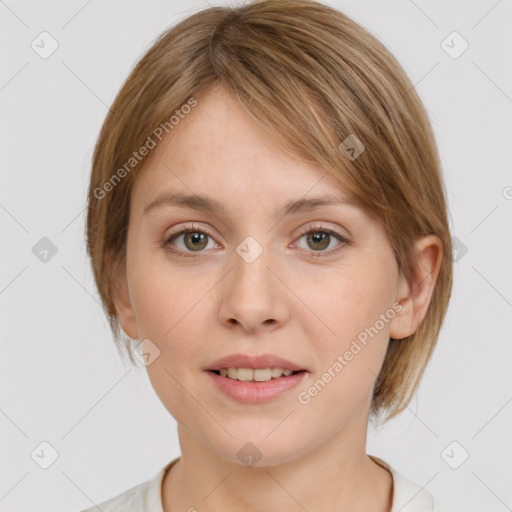 Joyful white young-adult female with medium  brown hair and grey eyes