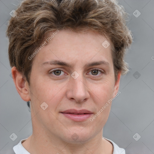 Joyful white adult female with short  brown hair and grey eyes