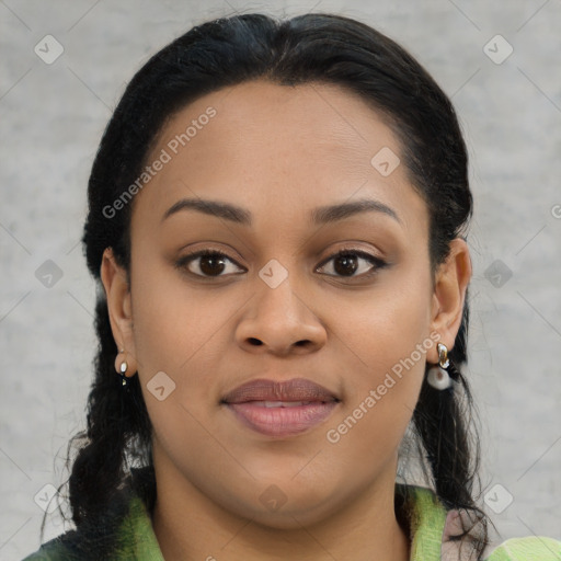 Joyful latino young-adult female with medium  brown hair and brown eyes