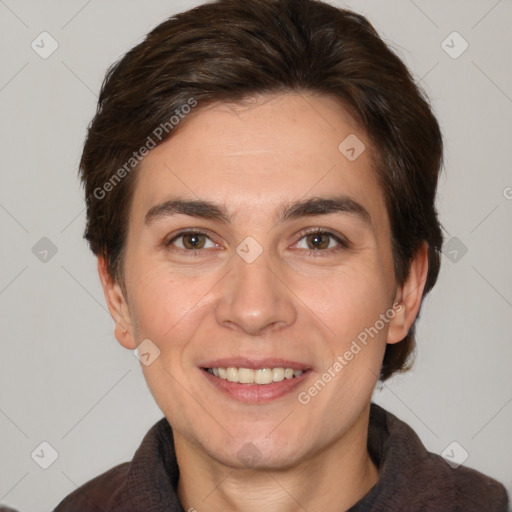 Joyful white young-adult male with medium  brown hair and brown eyes