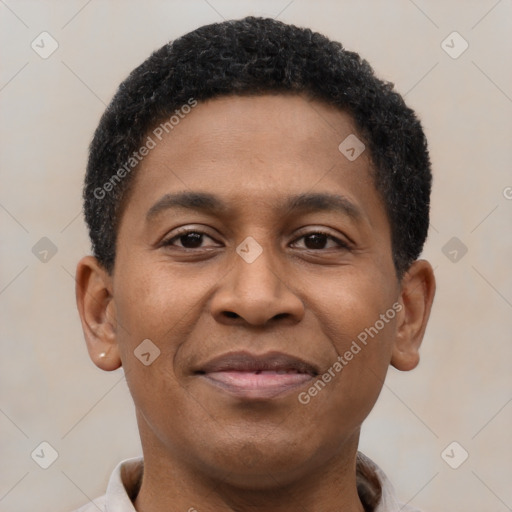 Joyful latino young-adult male with short  brown hair and brown eyes