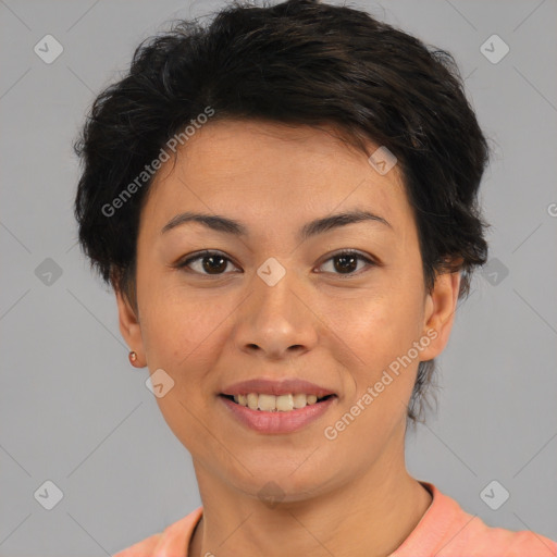 Joyful asian young-adult female with short  brown hair and brown eyes