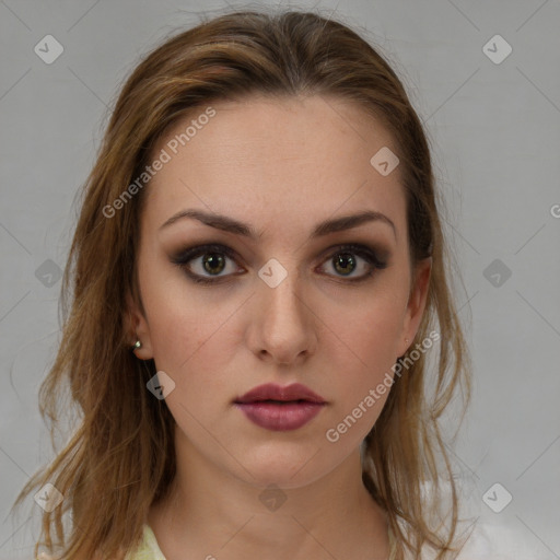 Neutral white young-adult female with medium  brown hair and brown eyes