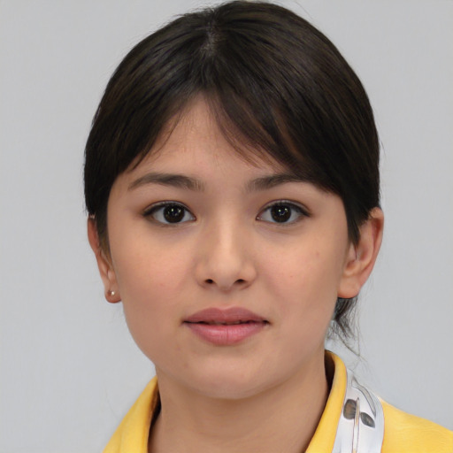 Neutral asian young-adult female with medium  brown hair and brown eyes