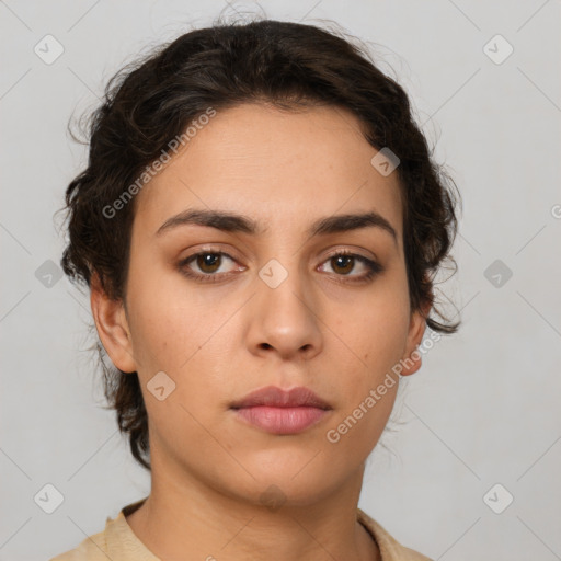 Neutral white young-adult female with medium  brown hair and brown eyes