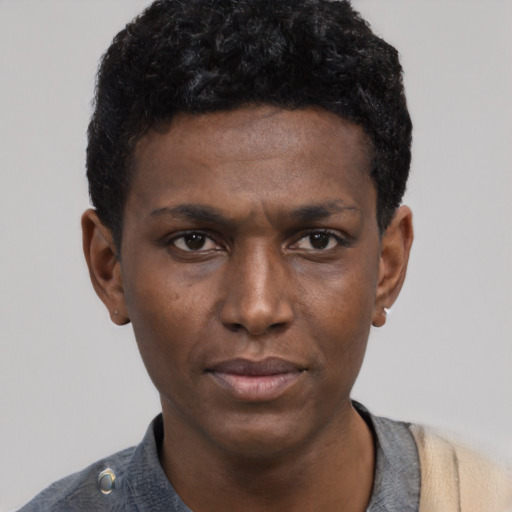 Neutral black young-adult male with short  black hair and brown eyes