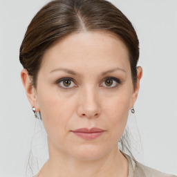 Neutral white young-adult female with short  brown hair and brown eyes