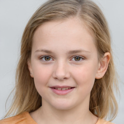 Joyful white child female with medium  brown hair and blue eyes