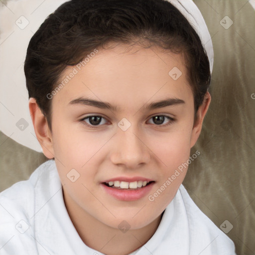 Joyful white child female with short  brown hair and brown eyes