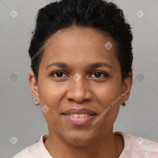 Joyful latino young-adult female with short  brown hair and brown eyes