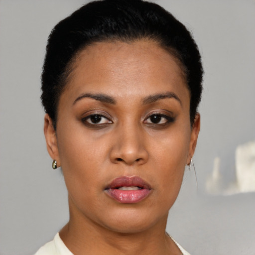 Neutral black young-adult female with short  brown hair and brown eyes