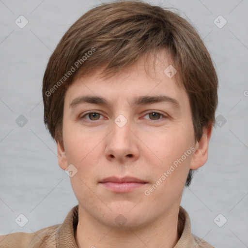 Neutral white young-adult male with short  brown hair and grey eyes