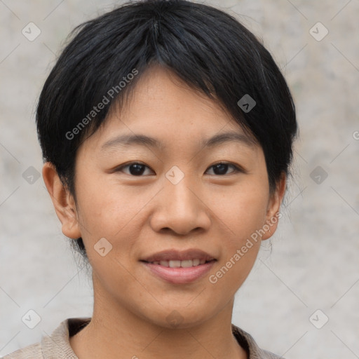 Joyful asian young-adult female with short  brown hair and brown eyes