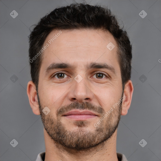 Neutral white young-adult male with short  brown hair and brown eyes