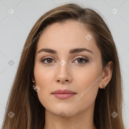 Neutral white young-adult female with long  brown hair and brown eyes