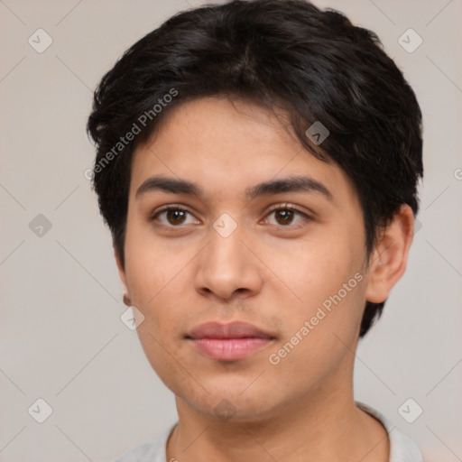 Neutral latino young-adult male with short  brown hair and brown eyes