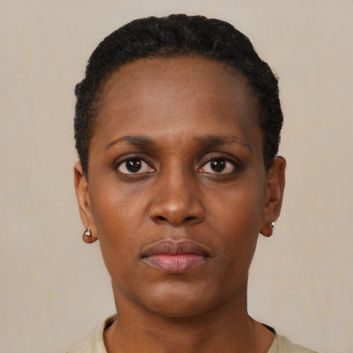 Neutral black young-adult female with short  black hair and brown eyes