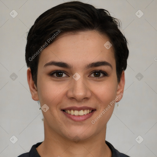 Joyful white young-adult female with short  brown hair and brown eyes